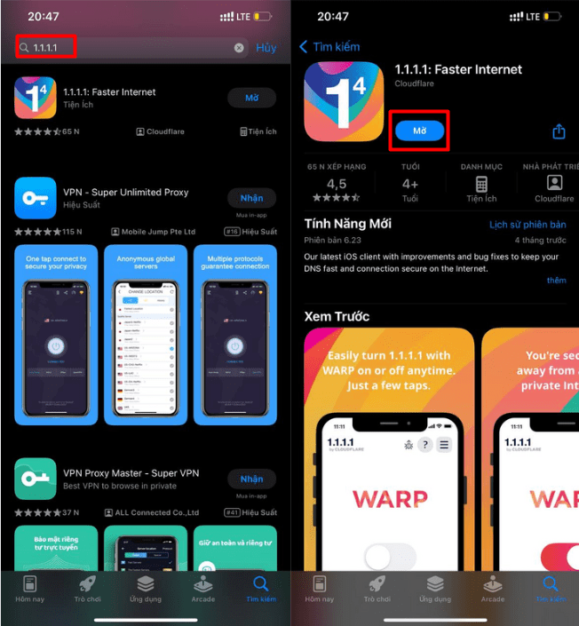 Tìm kiếm 1.1.1.1 trên App Store và Cài đặt ứng dụng như bình thường